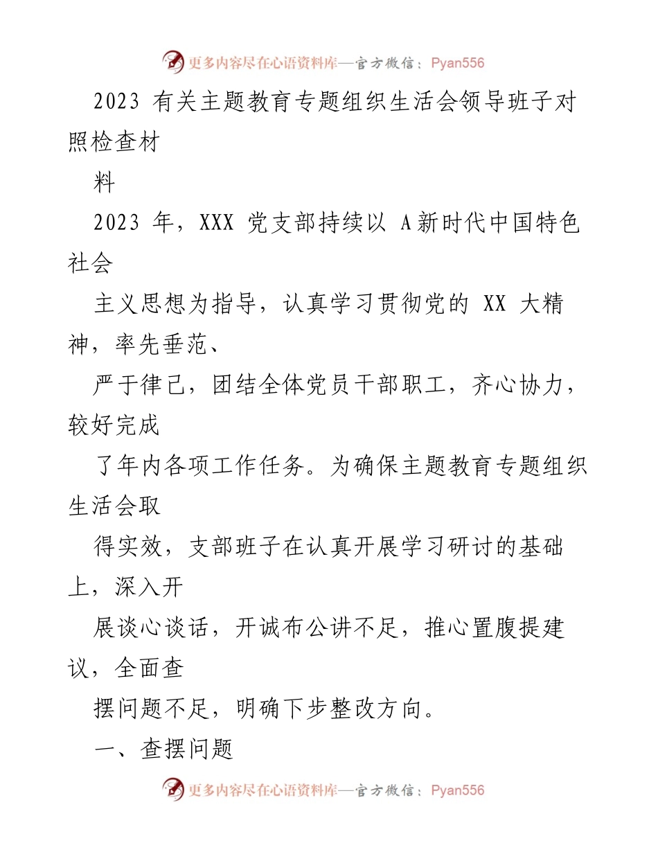 [对照检查材料] 主题教育专题组织生活会 - 2023年党支部领导班子对照检查与整改建议.docx_第1页
