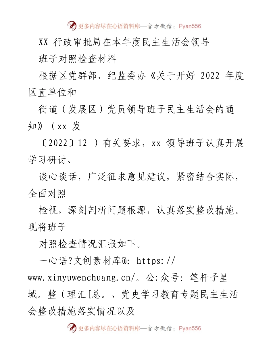[对照检查材料] 民主生活会 - XX 行政审批局2022年度民主生活会对照检查汇报.docx_第1页