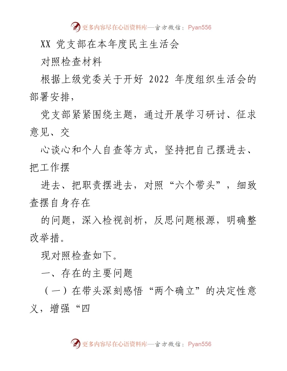 [对照检查材料] 民主生活会 - 党支部年度民主生活会对照检查总结.docx_第1页