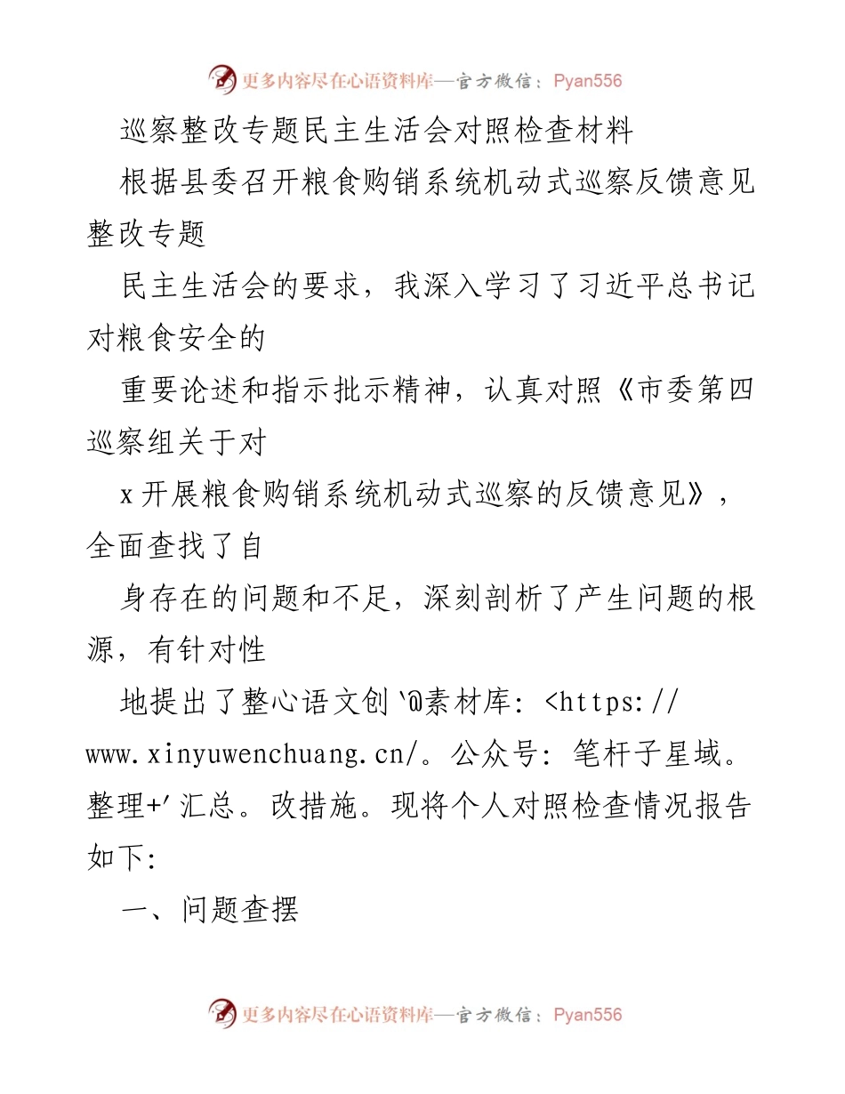 [对照检查材料] 巡察整改专题民主生活会 - 深入剖析粮食购销系统巡察反馈问题及整改措施.docx_第1页
