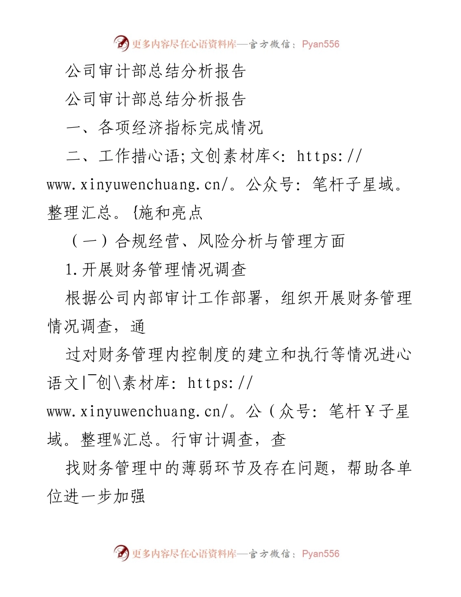 [审计报告] 年度总结 - 公司审计部工作总结与风险管理分析报告.docx_第1页