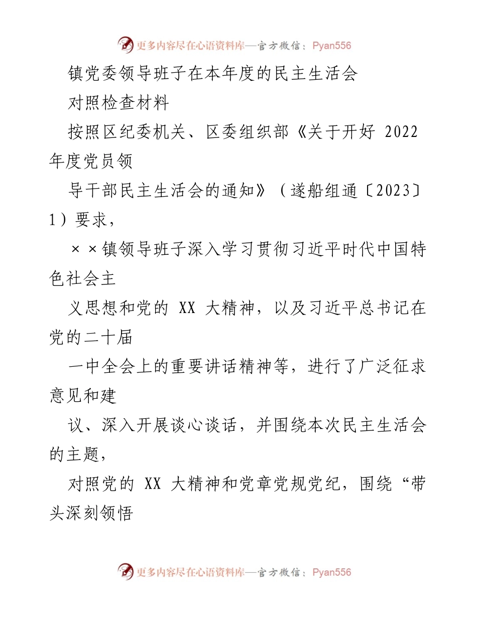 [对照检查材料] 民主生活会 - 镇党委领导班子年度对照检查与整改报告.docx_第1页