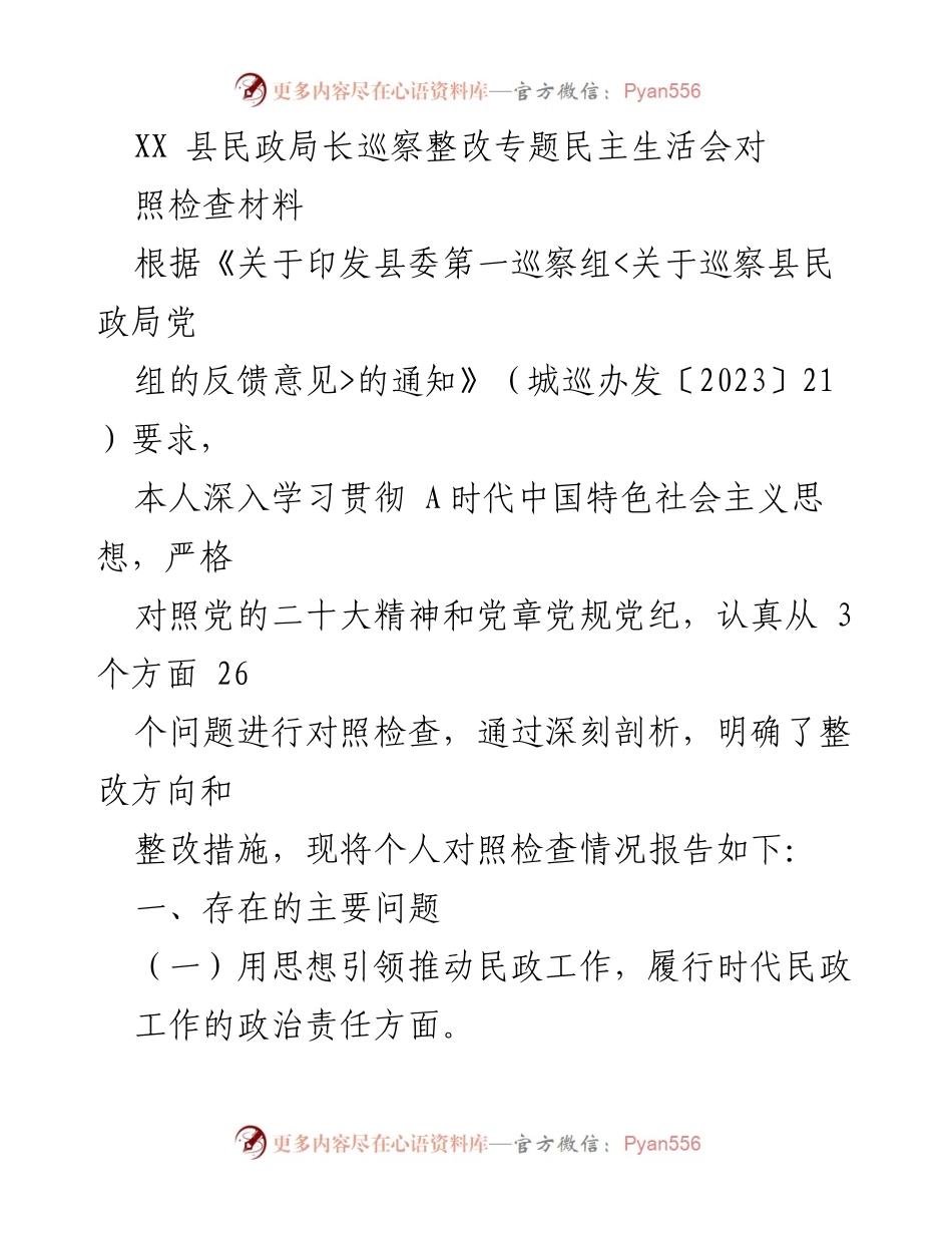 [对照检查材料] 民政局整改专题民主生活会 - 深入剖析整改措施，提升民政工作责任感.docx_第1页