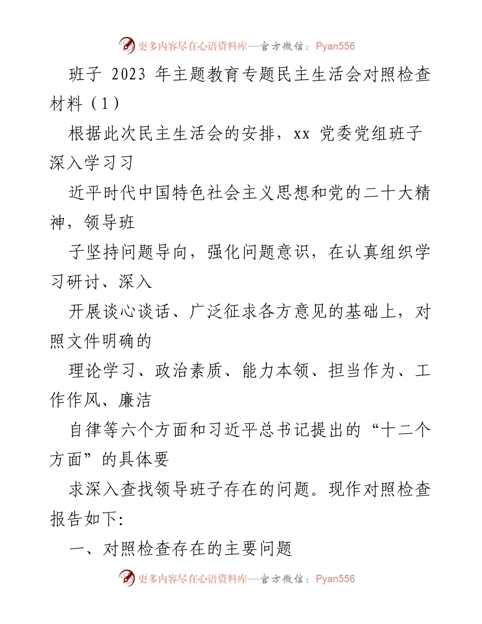 [对照检查报告] 2023年主题教育专题民主生活会 - 班子对照检查材料分析与问题查摆.docx_第1页