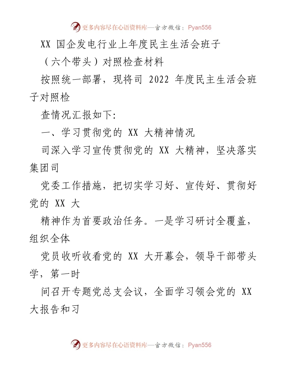 [对照检查材料] 国企发电行业年度民主生活会 - 2022年度民主生活会班子对照检查情况汇报.docx_第1页