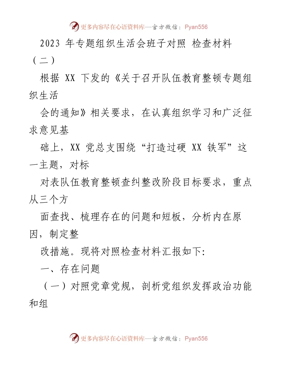 [对照检查材料] 组织生活会 - 2023年专题组织生活会班子对照检查材料分析.docx_第1页