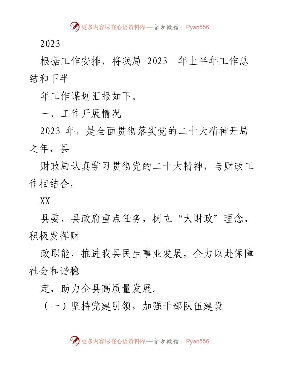 [工作总结] 2023年上半年 - 2023年上半年财政局工作总结与下半年工作谋划报告.docx_第1页