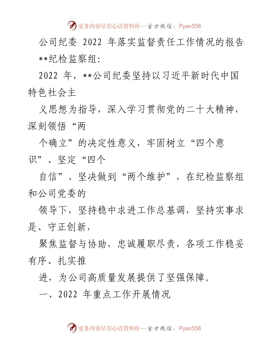 [工作总结] 2022年公司纪委工作 - 2022年公司纪委监督责任落实工作情况总结报告.docx_第1页