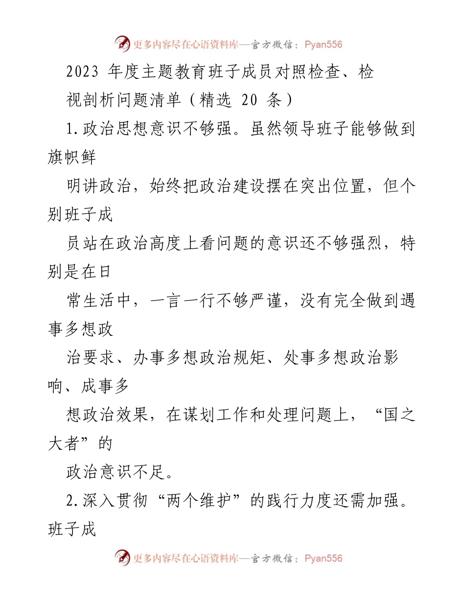 [对照检查] 年度主题教育 - 班子成员问题清单剖析报告.docx_第1页