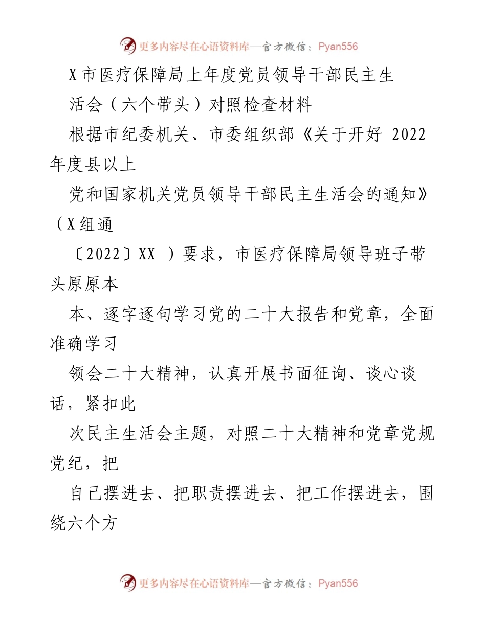 [对照检查材料] 民主生活会 - 市医疗保障局党员领导干部对照检查报告.docx_第1页