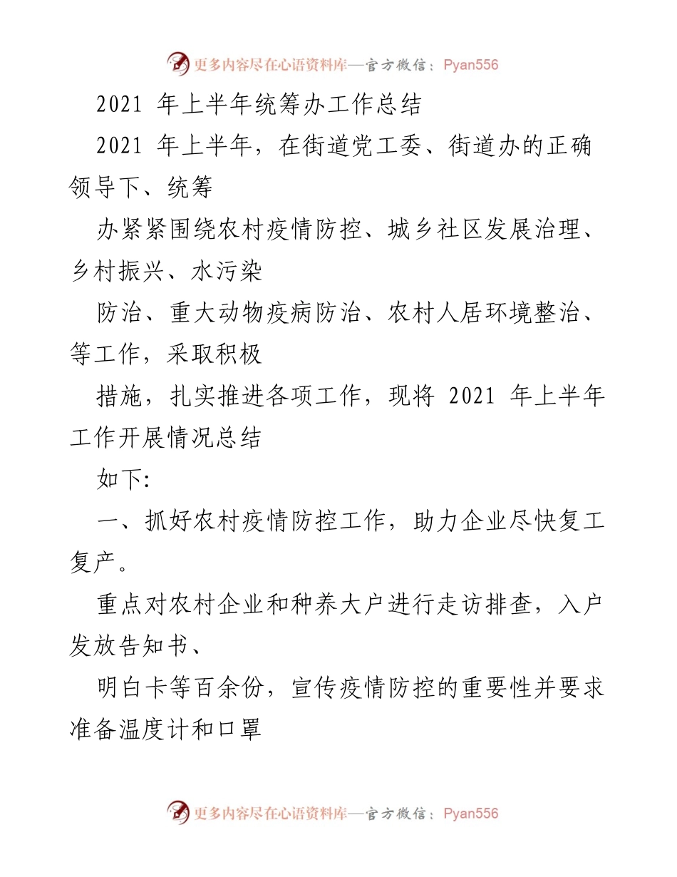 [工作总结] 2021年上半年 - 统筹办工作总结与成效分析.docx_第1页