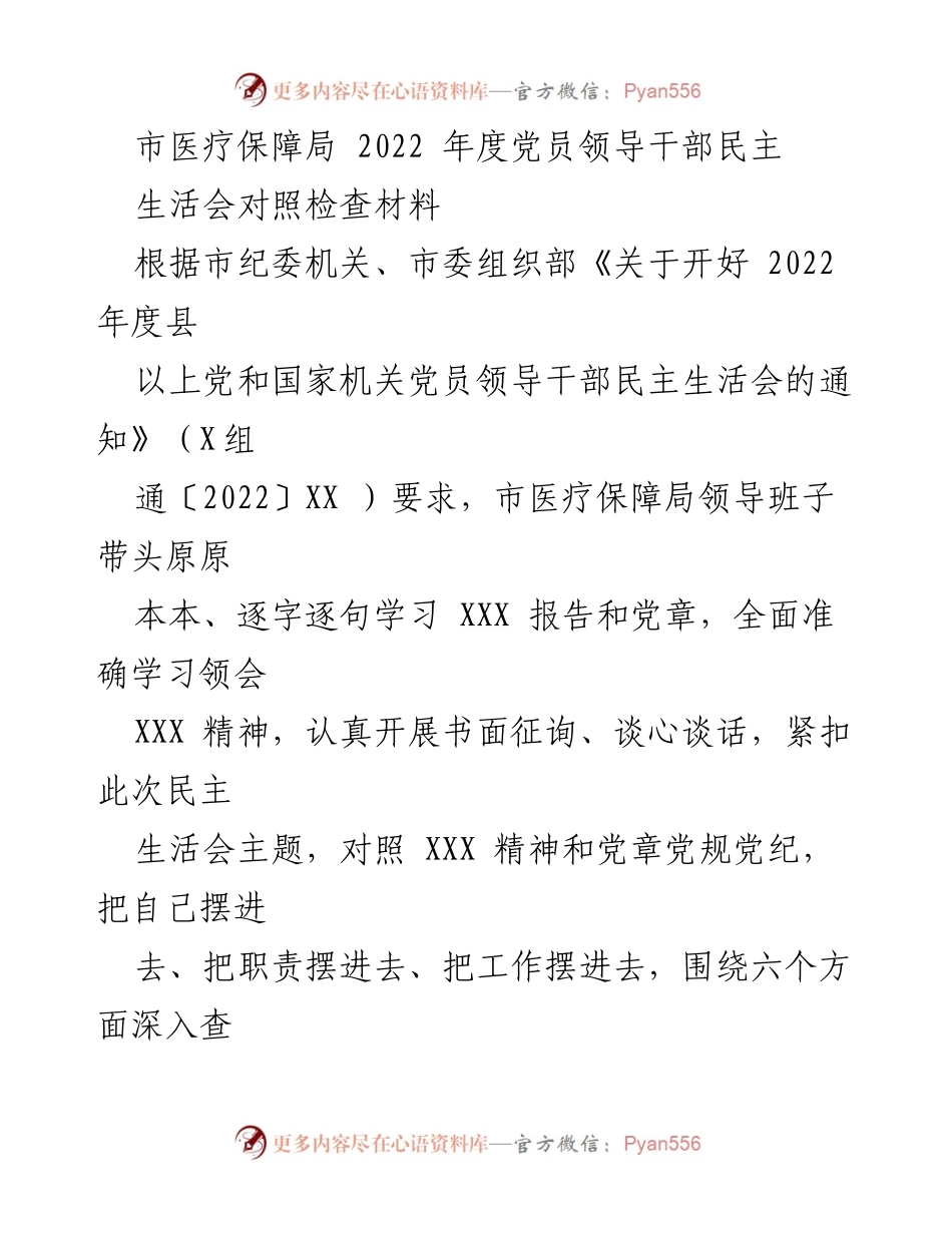 [对照检查报告] 党员领导干部民主生活会 - 2022年度市医疗保障局党员领导干部对照检查材料.docx_第1页
