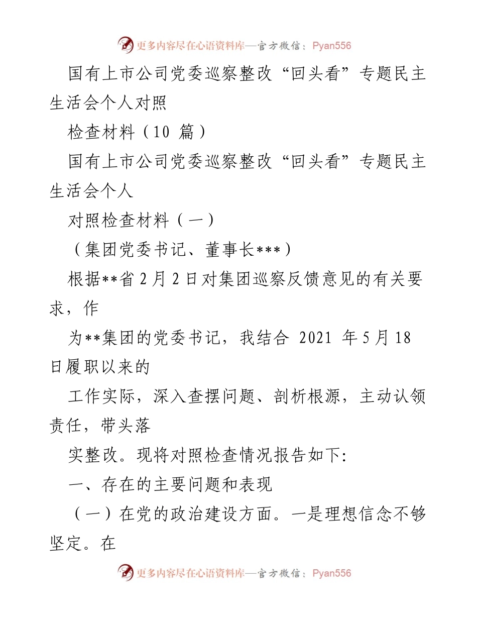 [对照检查材料] 国有上市公司党委巡察整改会 - 国有上市公司党委书记巡察整改“回头看”个人对照检查材料.docx_第1页
