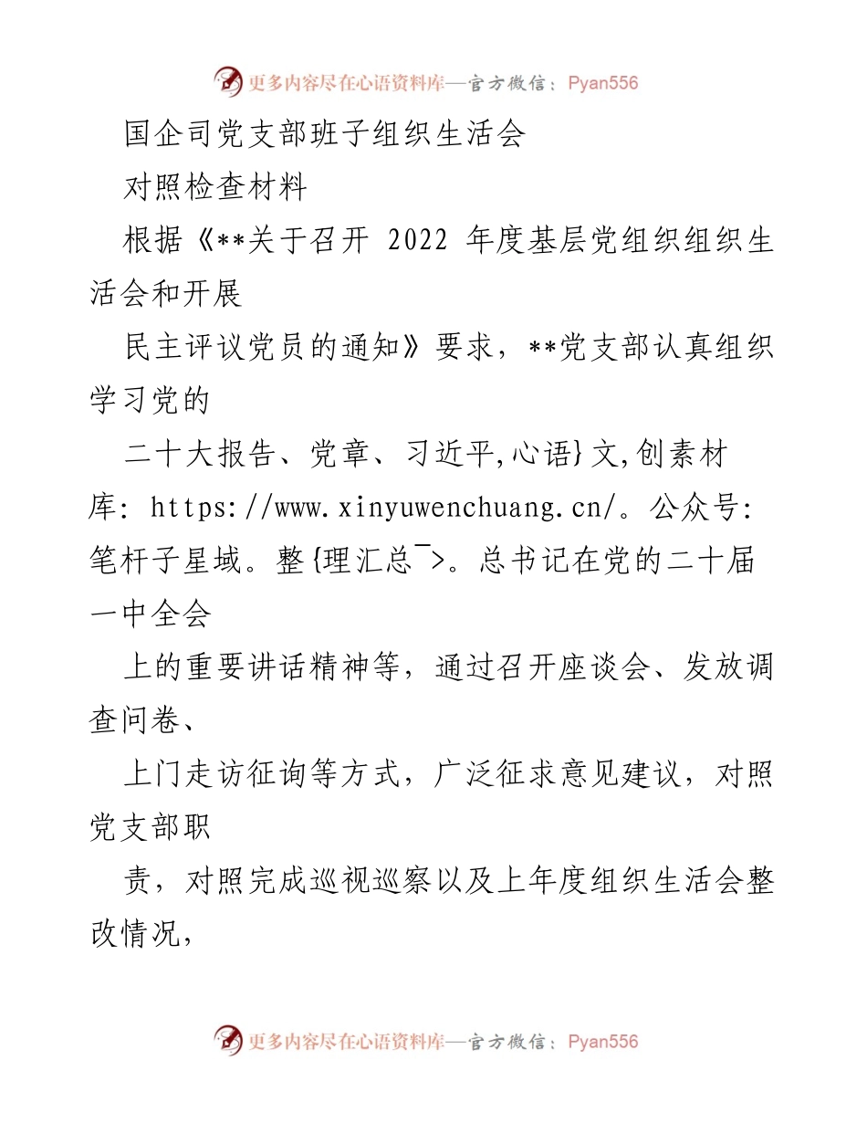 [对照检查材料] 组织生活会 - 国企党支部组织生活会对照检查及整改措施报告.docx_第1页