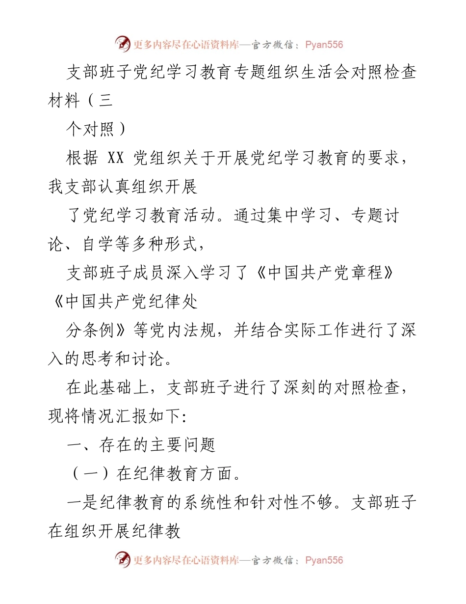 [对照检查材料] 党纪学习教育专题组织生活会 - 深入剖析支部班子党纪学习教育存在的问题.docx_第1页