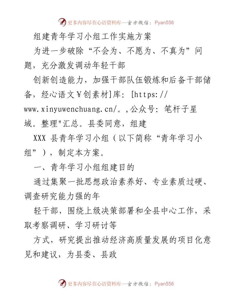 [实施方案] 青年干部培训 - 组建青年学习小组工作实施方案.docx_第1页