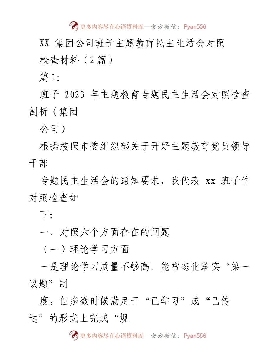 [对照检查材料] 主题教育民主生活会 - 班子对照检查剖析报告.docx_第1页