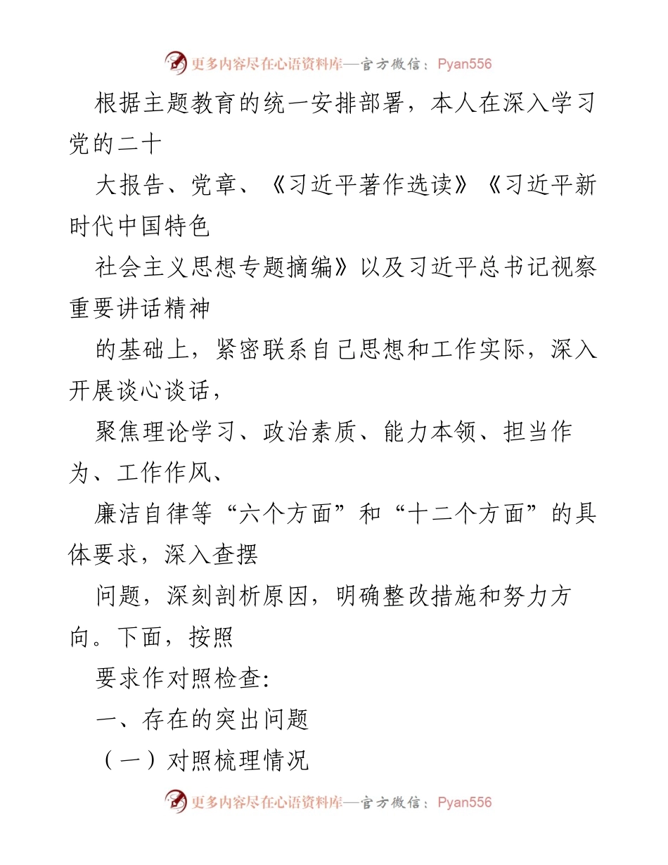 [对照检查] 主题教育 - 深入查摆问题与整改措施的对照检查报告.docx_第1页