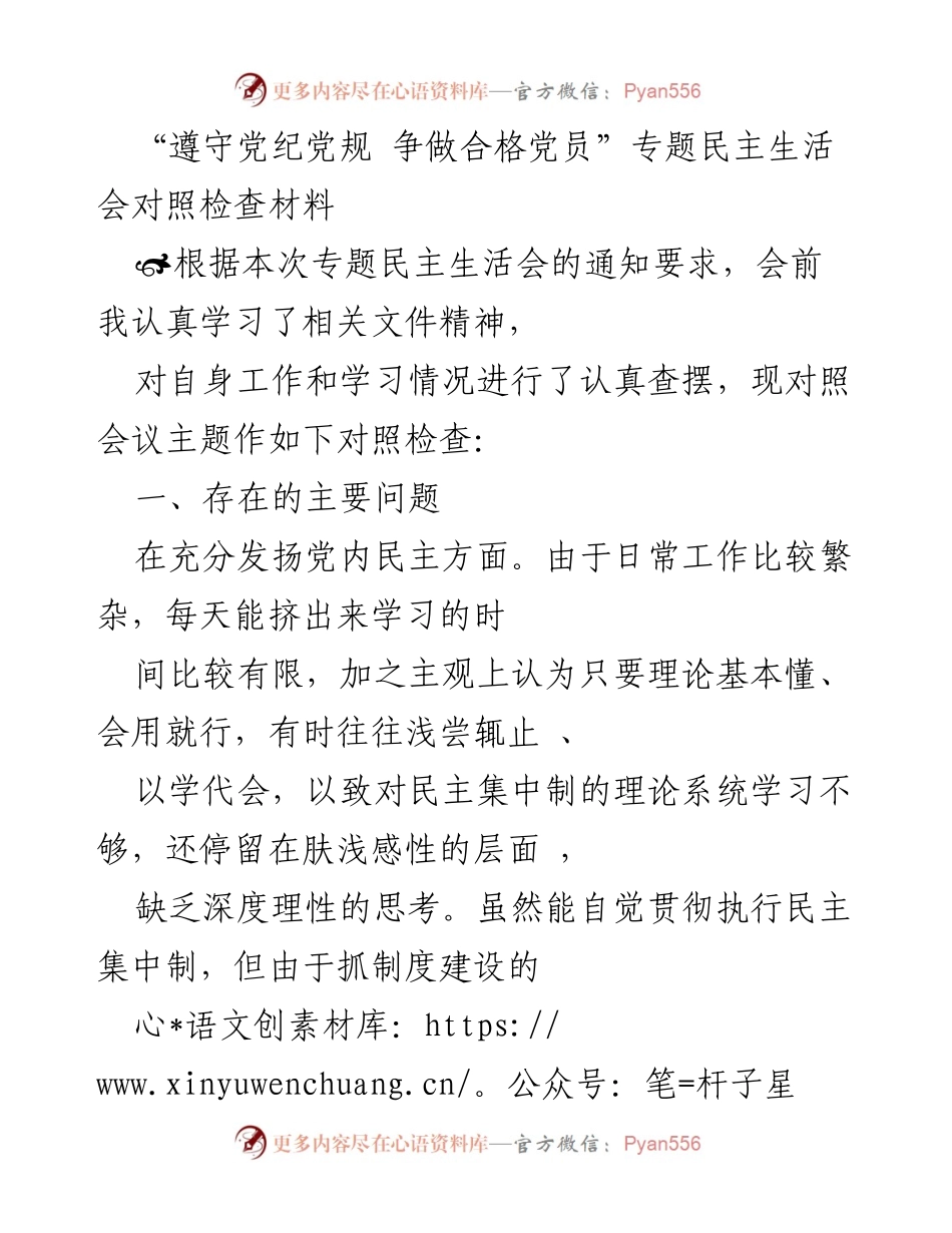[对照检查材料] 专题民主生活会 - 遵守党纪党规，提升党员素养的自我反思与整改措施.docx_第1页