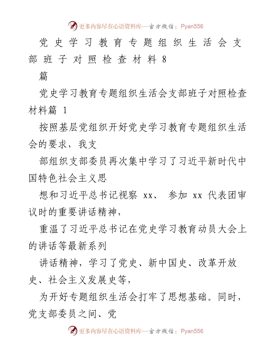 [对照检查材料] 党史学习教育专题组织生活会 - 党支部班子对照检查及整改措施报告.docx_第1页