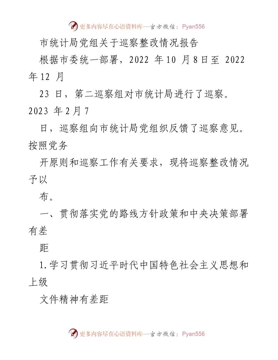 [巡察整改报告] 市统计局 - 市统计局党组巡察整改情况报告.docx_第1页