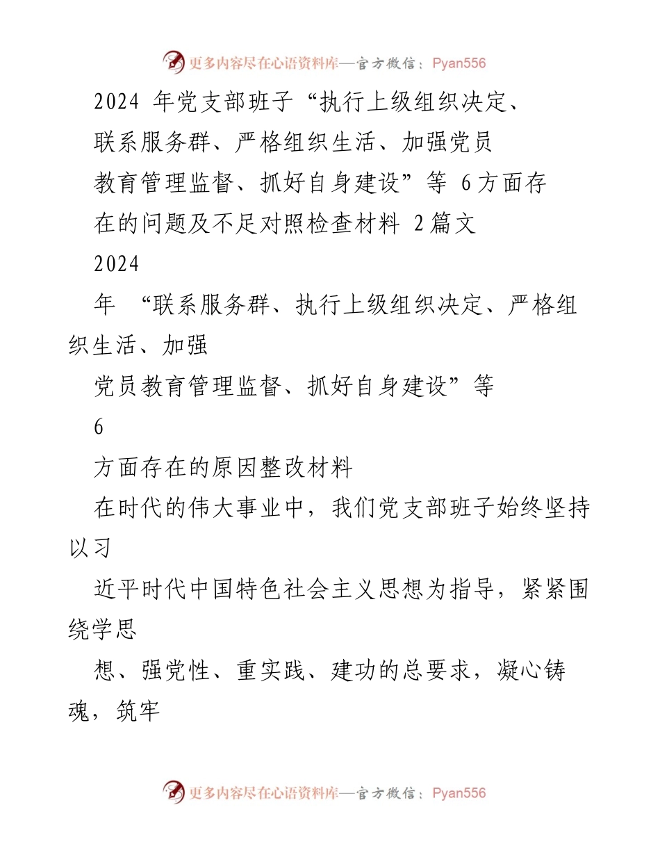 [对照检查材料] 党支部工作会议 - 2024年党支部班子存在问题及整改措施总结.docx_第1页