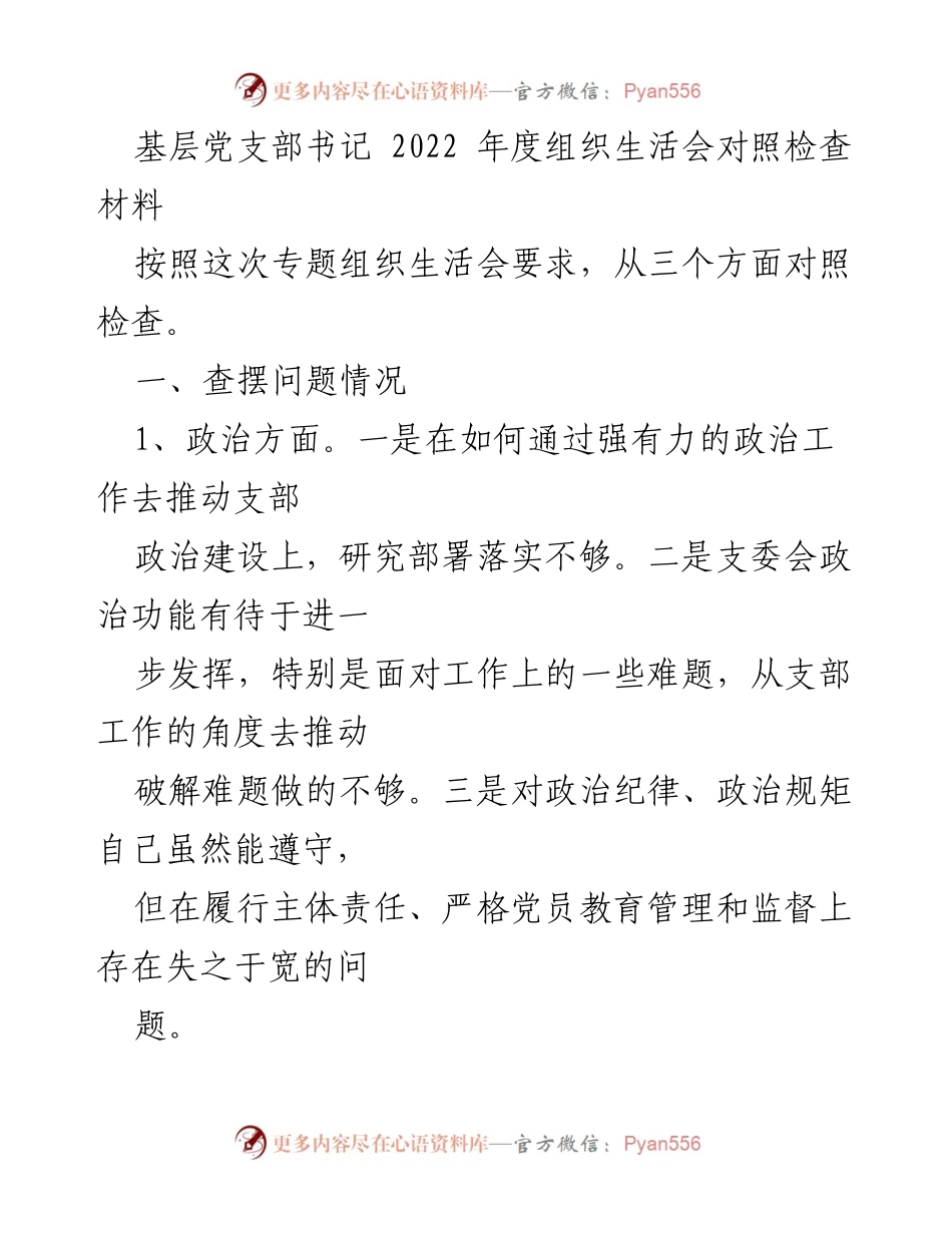 [对照检查] 组织生活会 - 基层党支部书记年度自查与反思报告.docx_第1页