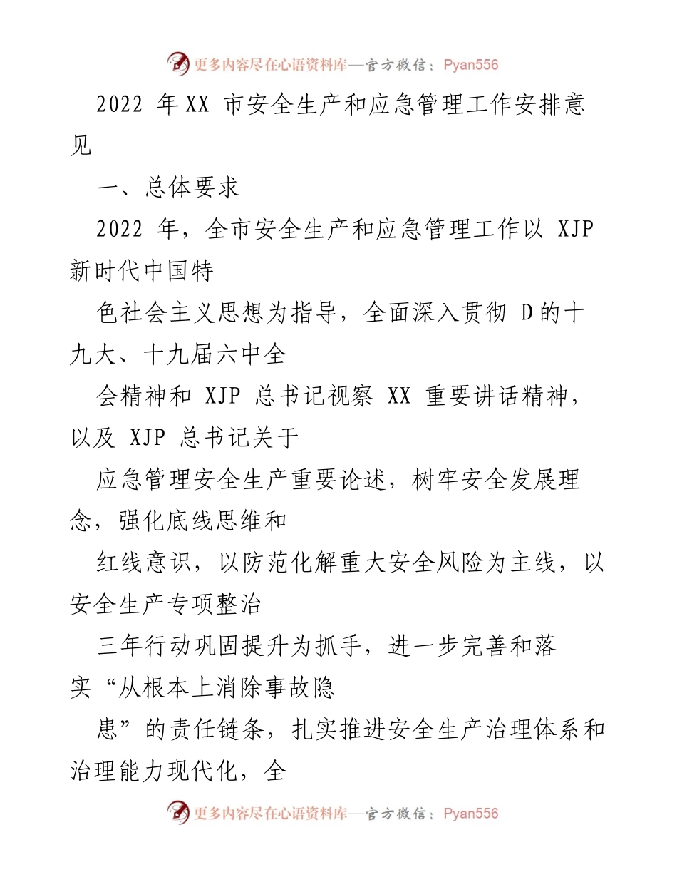 [工作安排] 安全生产与应急管理 - 2022年XX市安全生产与应急管理工作安排意见.docx_第1页