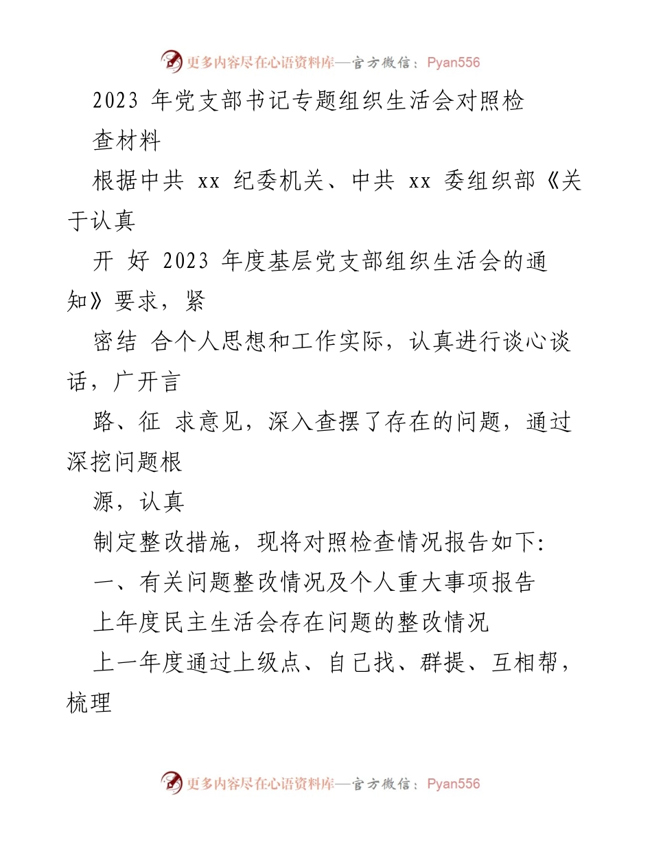 [对照检查材料] 党支部书记专题组织生活会 - 2023年度党支部对照检查情况报告.docx_第1页