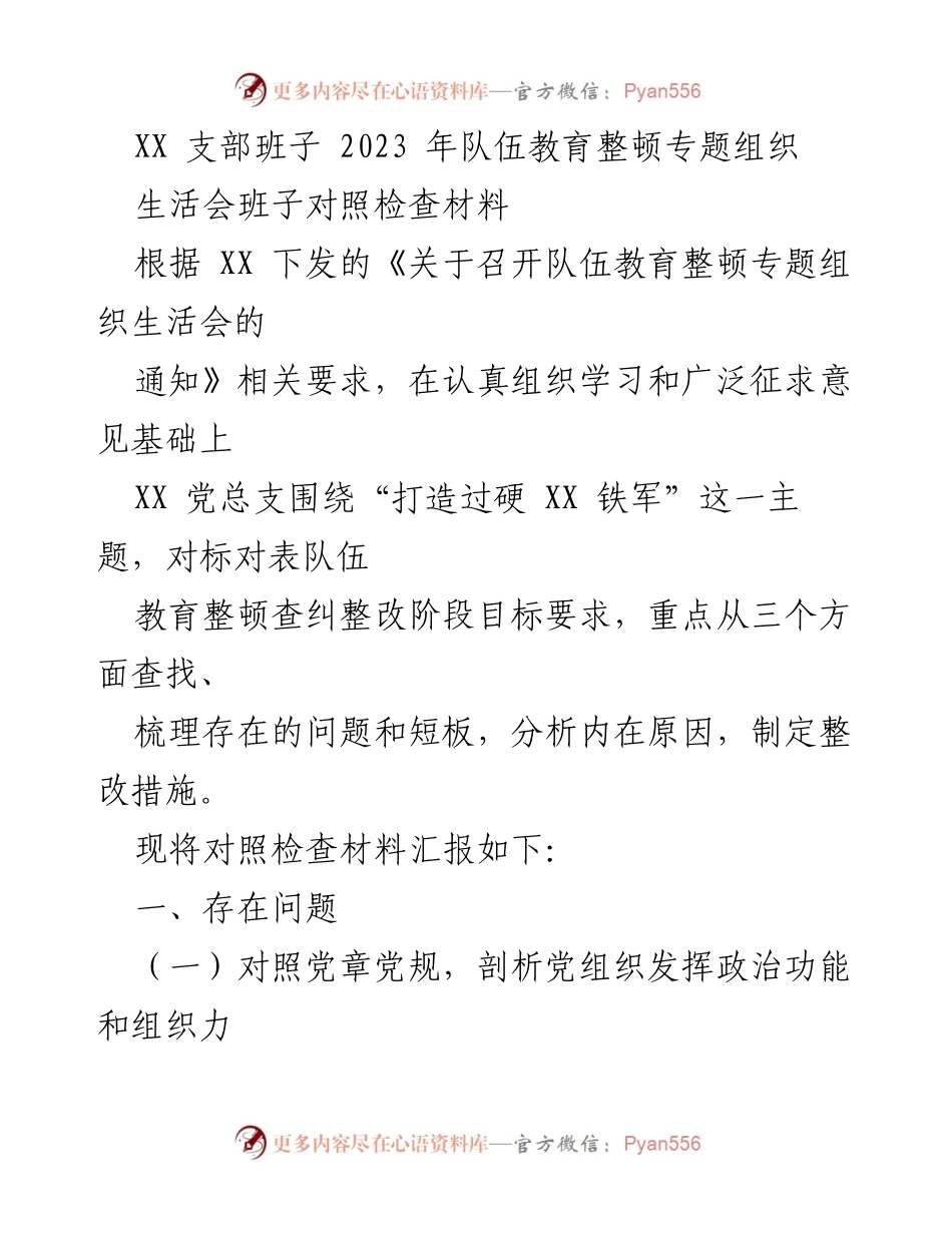 [对照检查材料] 组织生活会 - XX支部班子2023年队伍教育整顿对照检查报告.docx_第1页