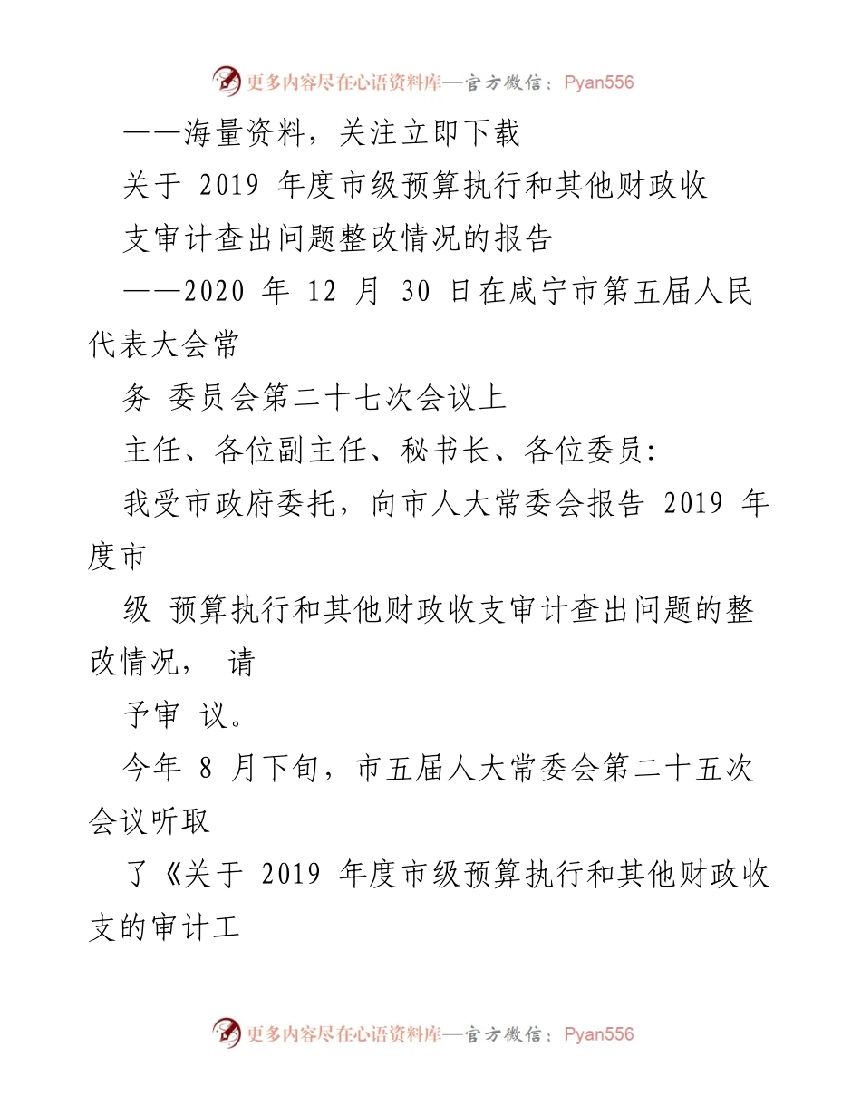 [审计报告] 市人大常委会会议 - 2019年度市级预算执行与财政收支审计整改情况报告.docx_第1页