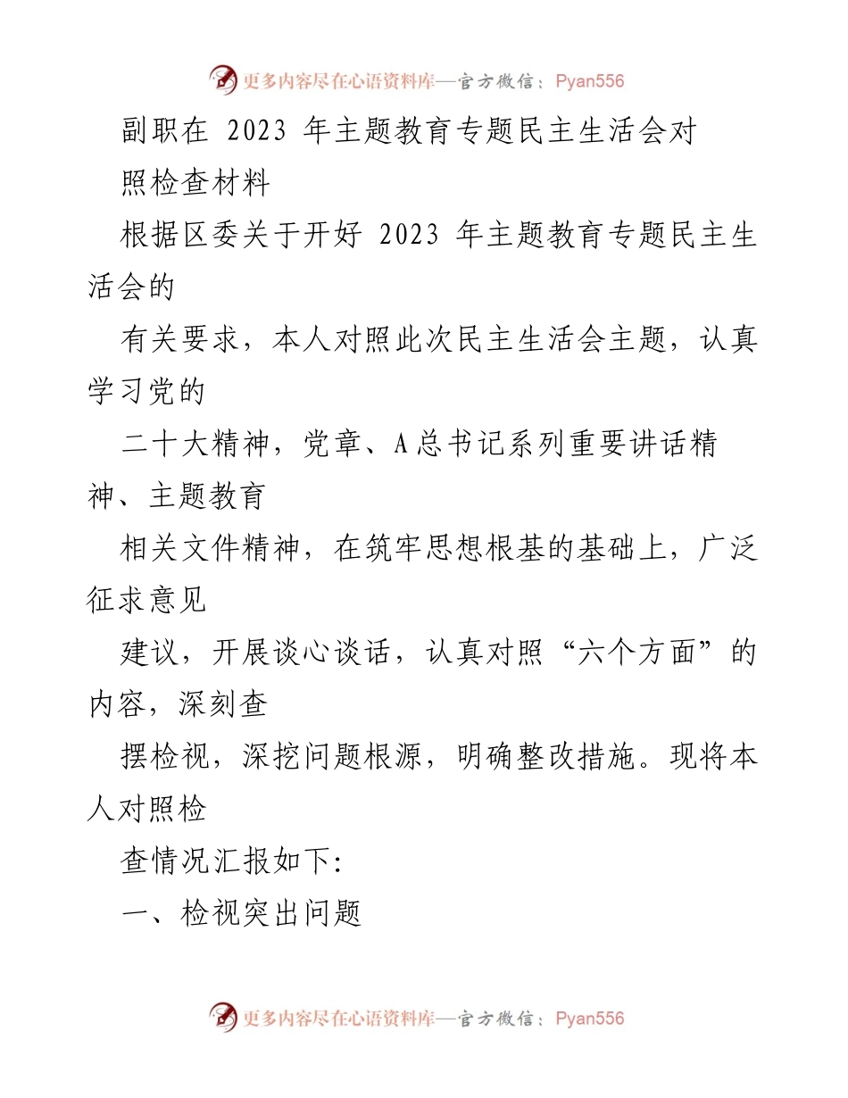 [对照检查材料] 2023年主题教育专题民主生活会 - 副职对照检查：深刻检视与整改措施.docx_第1页