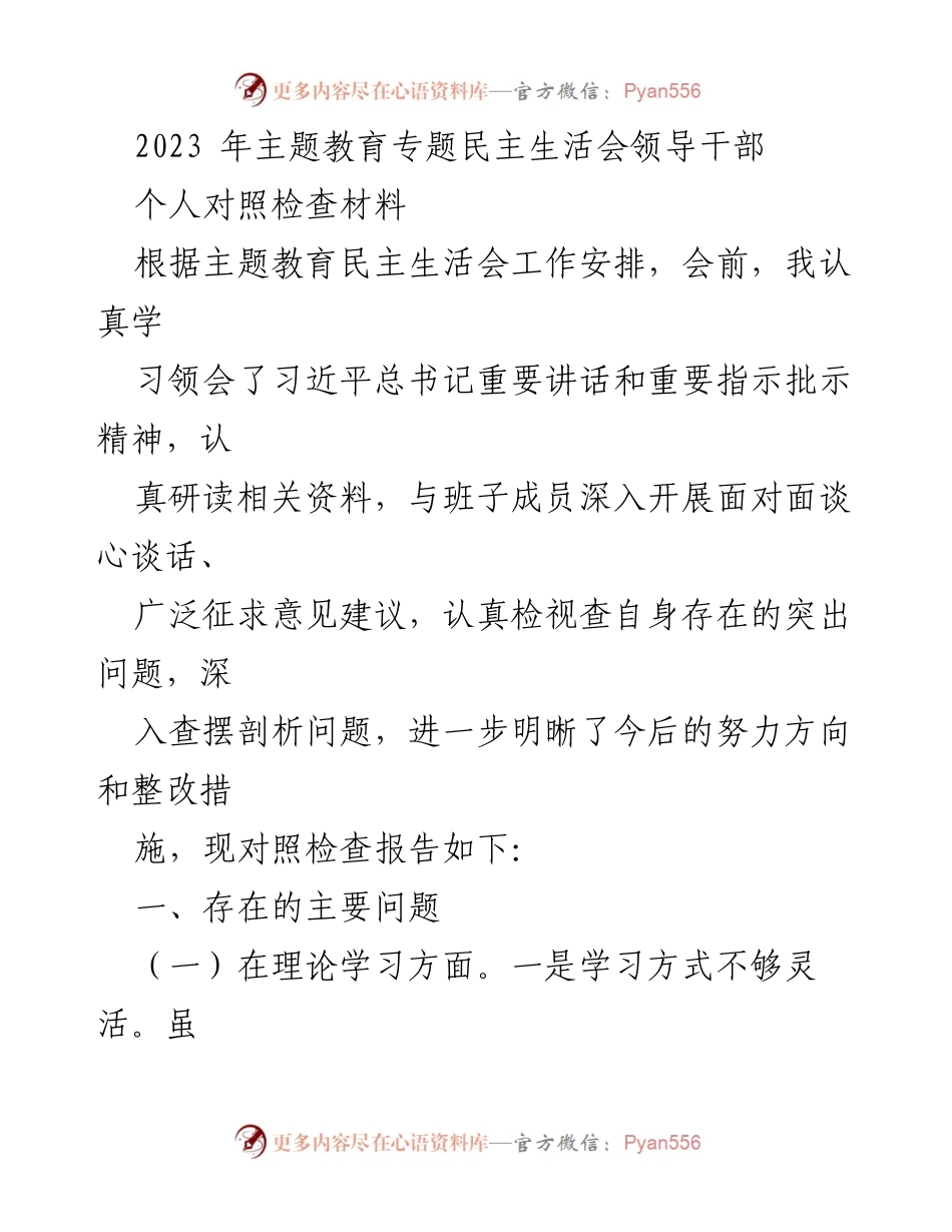 [对照检查材料] 主题教育专题民主生活会 - 领导干部个人问题检视与整改措施总结.docx_第1页