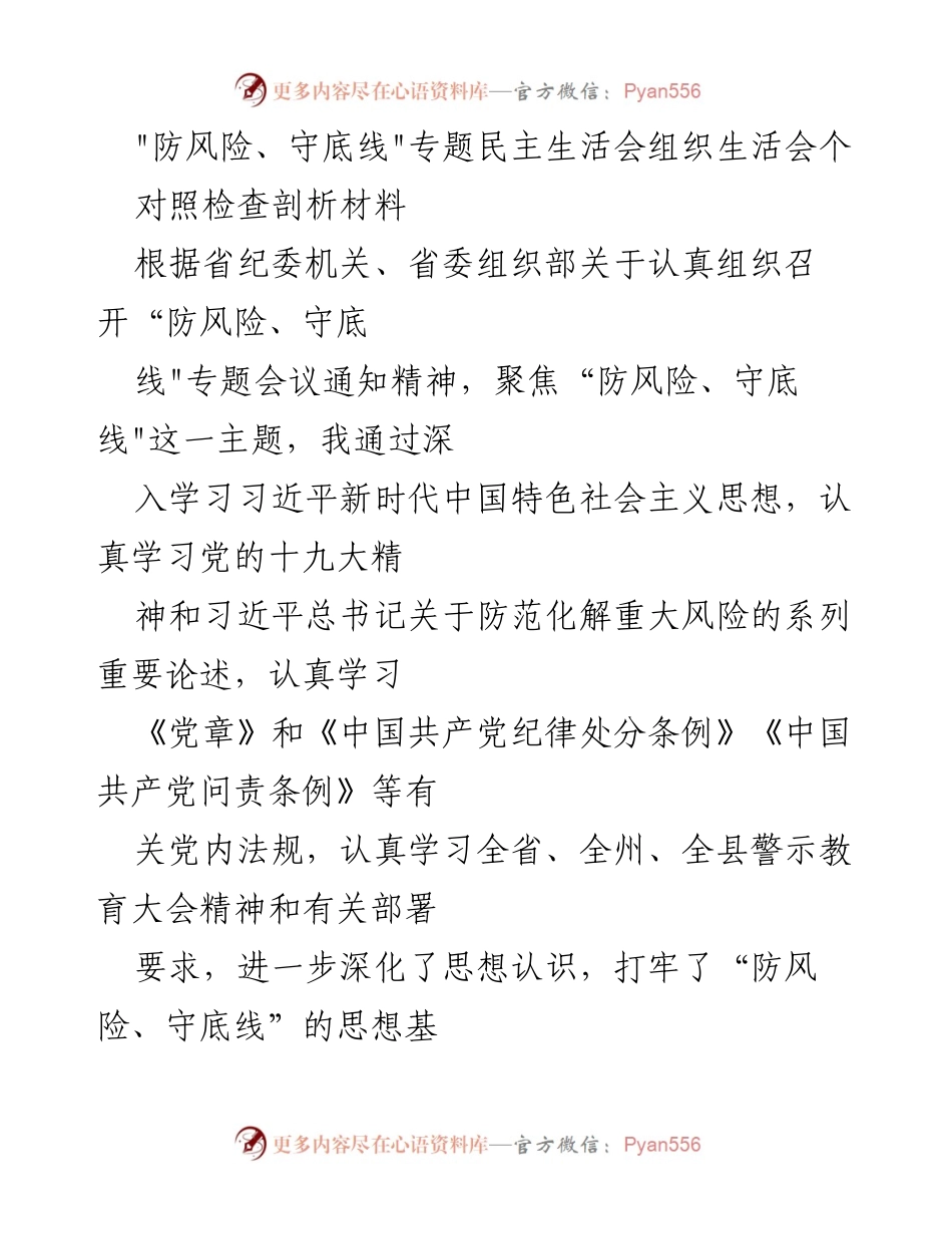 [对照检查剖析材料] 专题民主生活会 - _防风险、守底线_专题民主生活会对照检查与剖析报告.docx_第1页