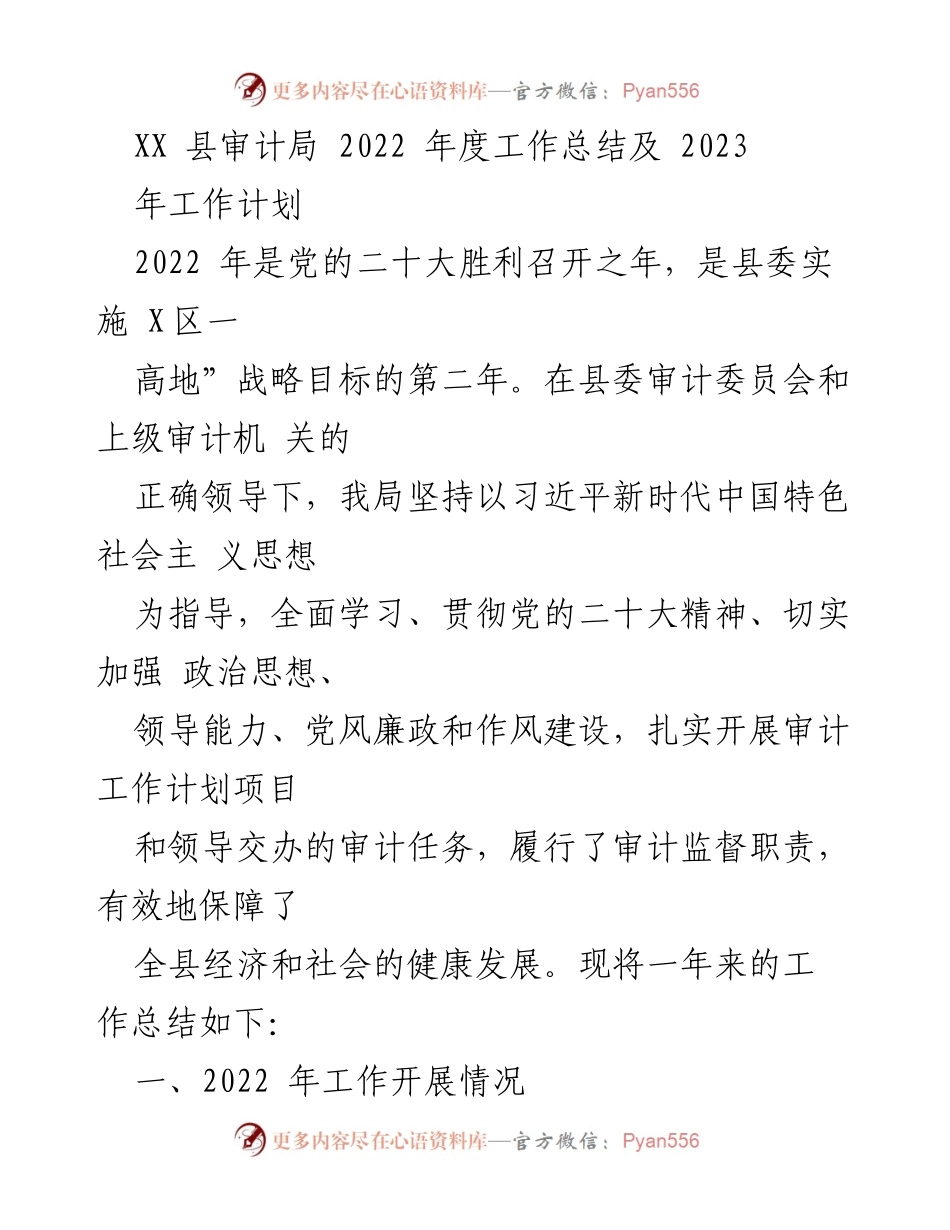 [工作总结] 2022年度审计工作 - XX县审计局2022年度工作总结及2023年工作计划.docx_第1页