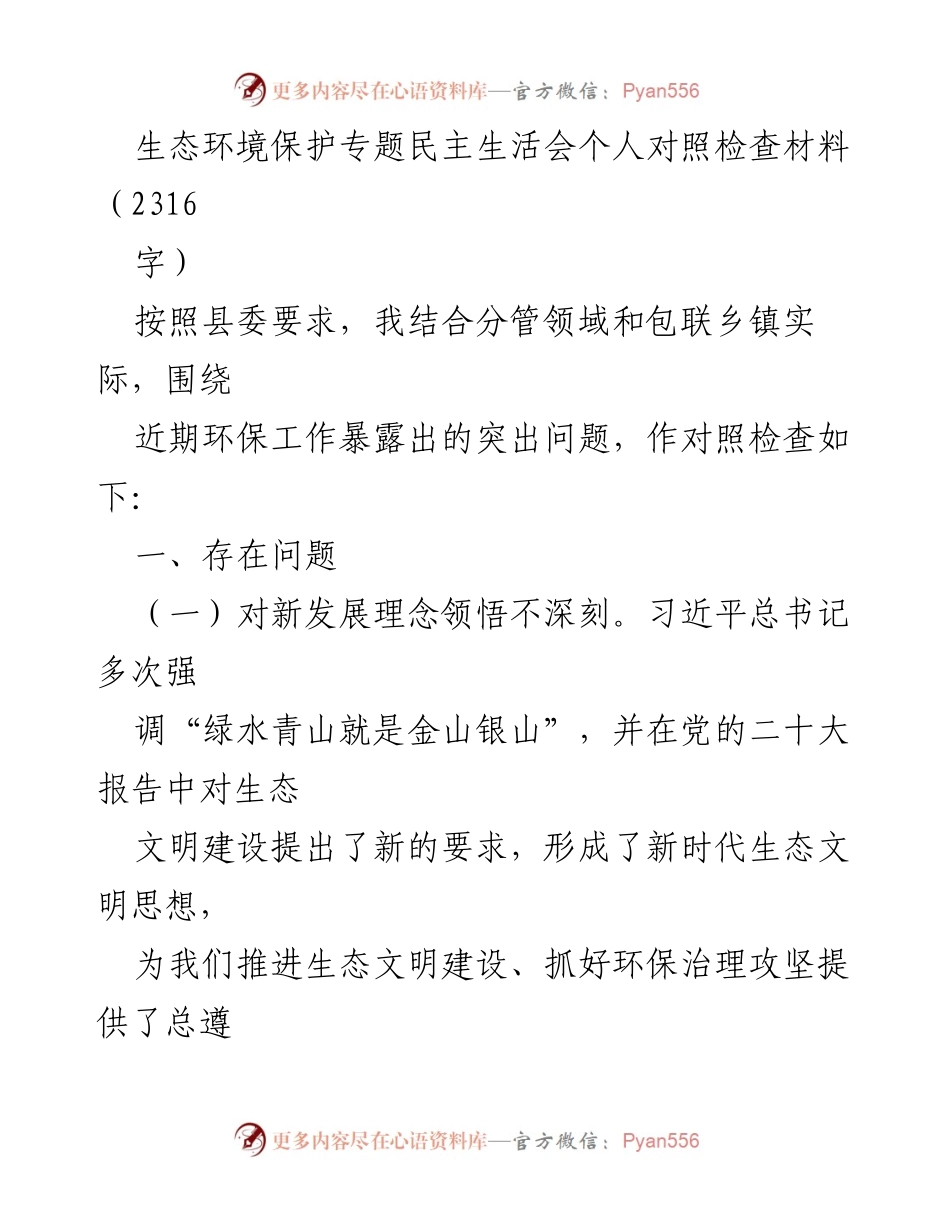 [对照检查材料] 生态环境保护专题民主生活会 - 深化生态文明理念，提升环保工作执行力.docx_第1页
