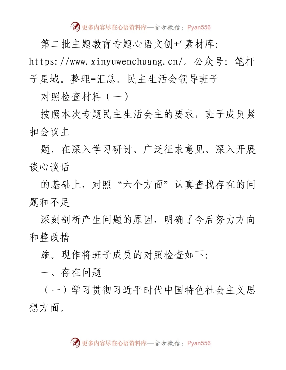 [对照检查材料] 专题民主生活会 - 领导班子对照检查与整改措施分析_1.docx_第1页