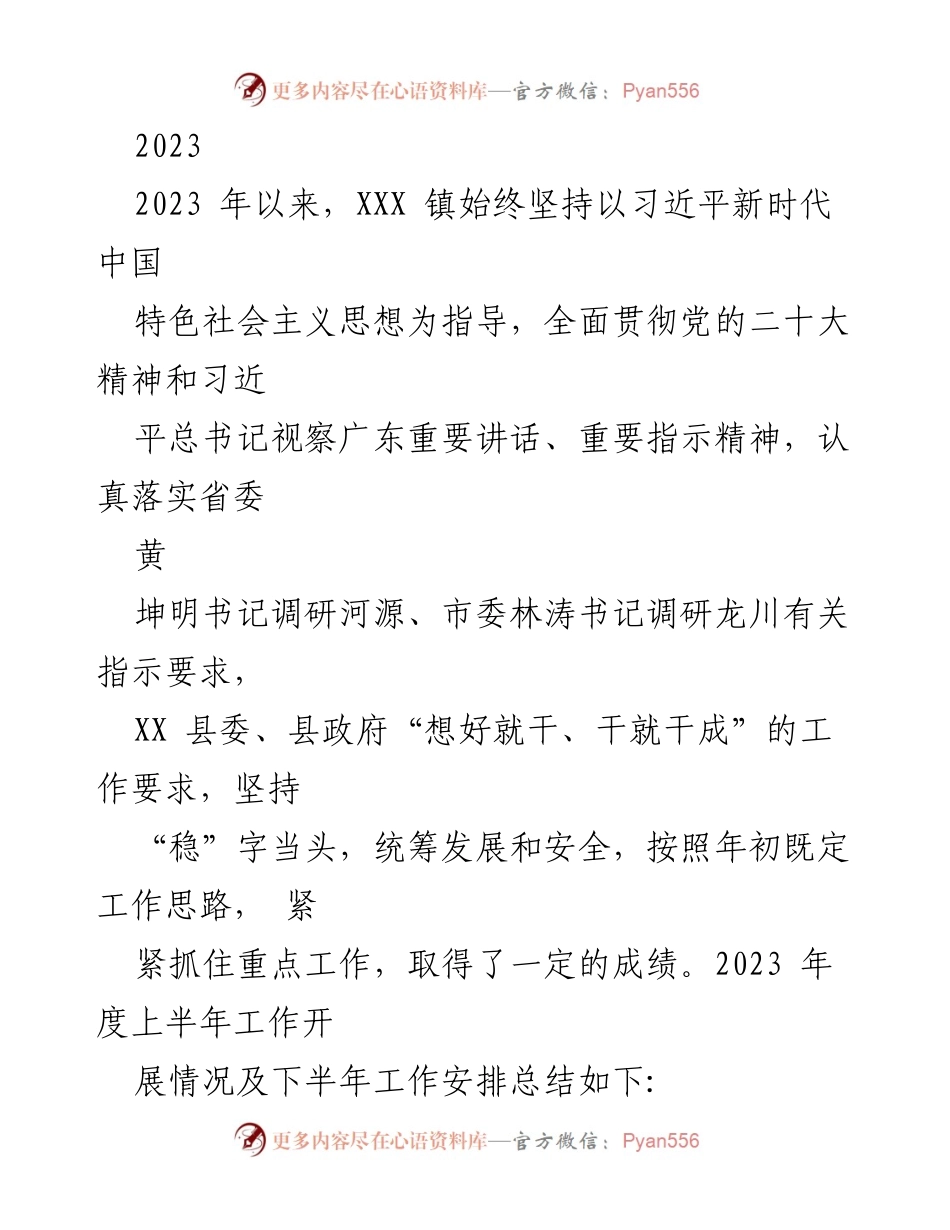 [工作总结] 2023年上半年 - XXX镇2023年上半年工作开展情况及下半年工作安排总结.docx_第1页