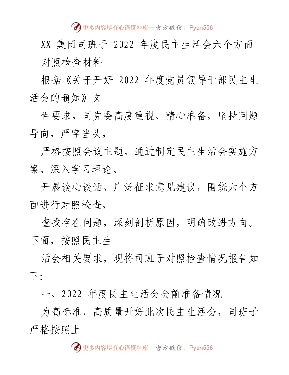 [对照检查材料] 2022年度民主生活会 - XX集团司班子对照检查情况报告.docx_第1页