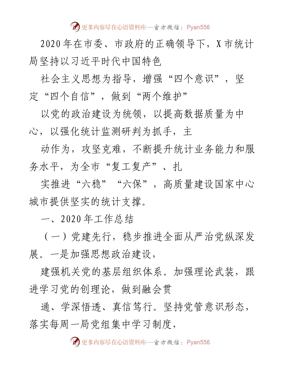 [工作总结] 2020年X市统计局工作总结 - 统计局党建与业务提升工作总结.docx_第1页