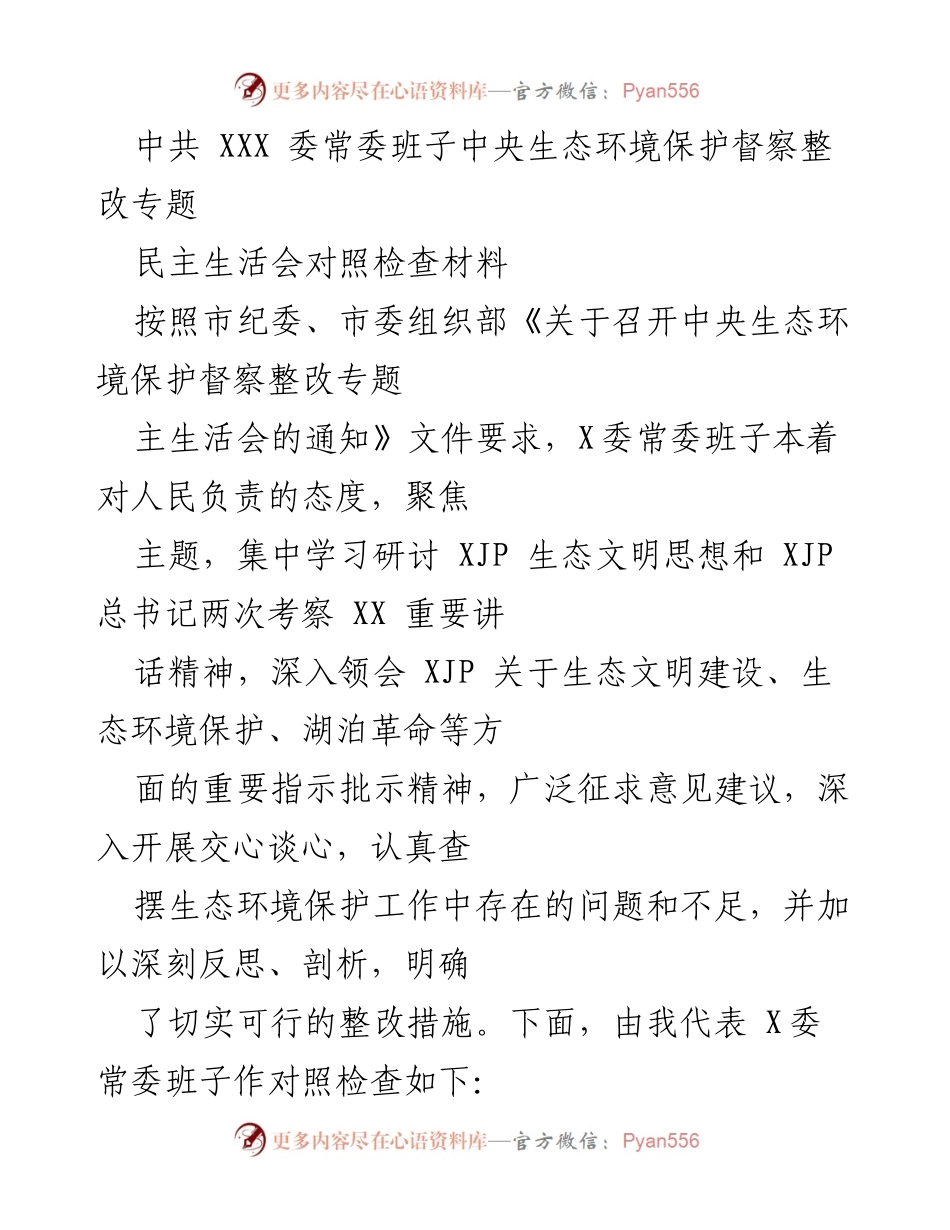 [对照检查材料] 生态环境保护督察整改专题民主生活会 - 深化生态文明思想落实，推动环境保护整改措施.docx_第1页