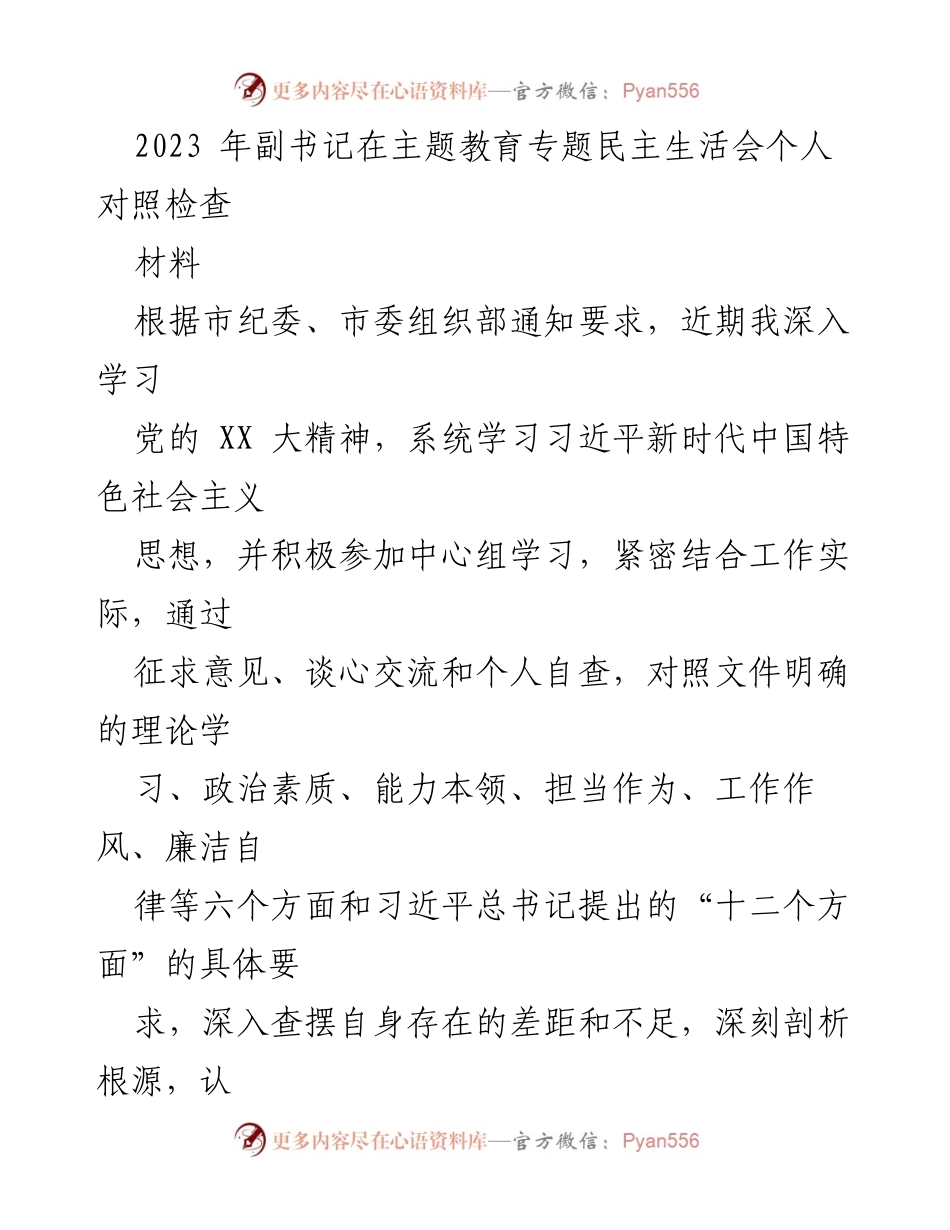 [对照检查] 主题教育专题民主生活会 - 2023年副书记个人对照检查报告.docx_第1页