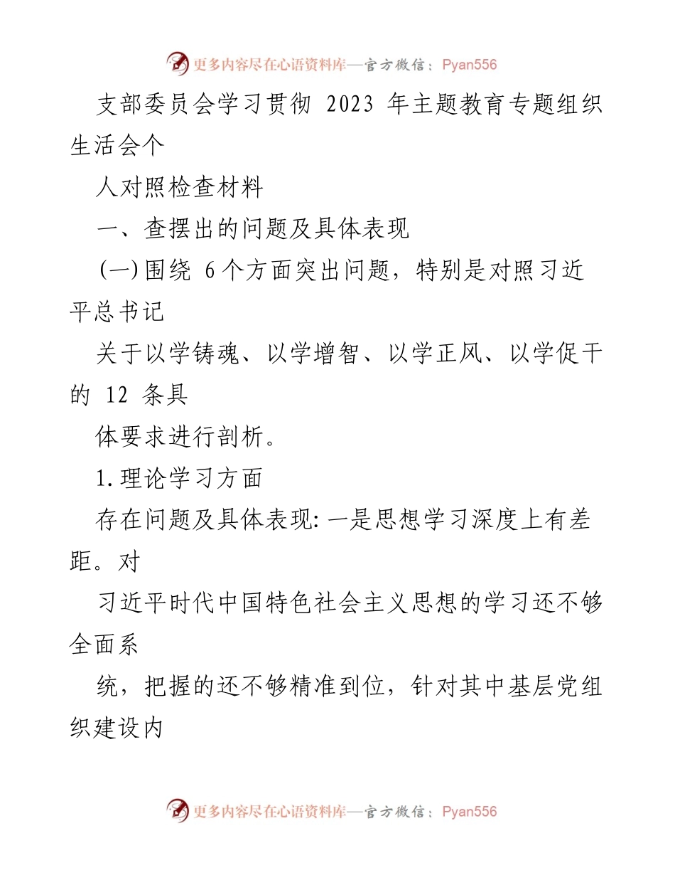 [对照检查材料] 支部委员会 - 2023年主题教育专题组织生活会个人对照检查报告.docx_第1页