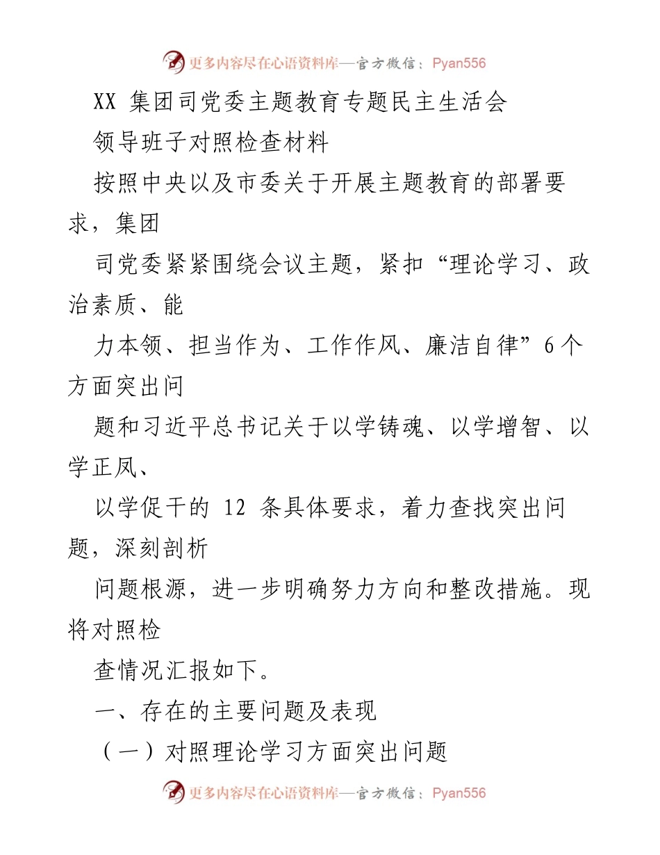 [对照检查材料] 主题教育民主生活会 - 领导班子对照检查与问题剖析报告.docx_第1页
