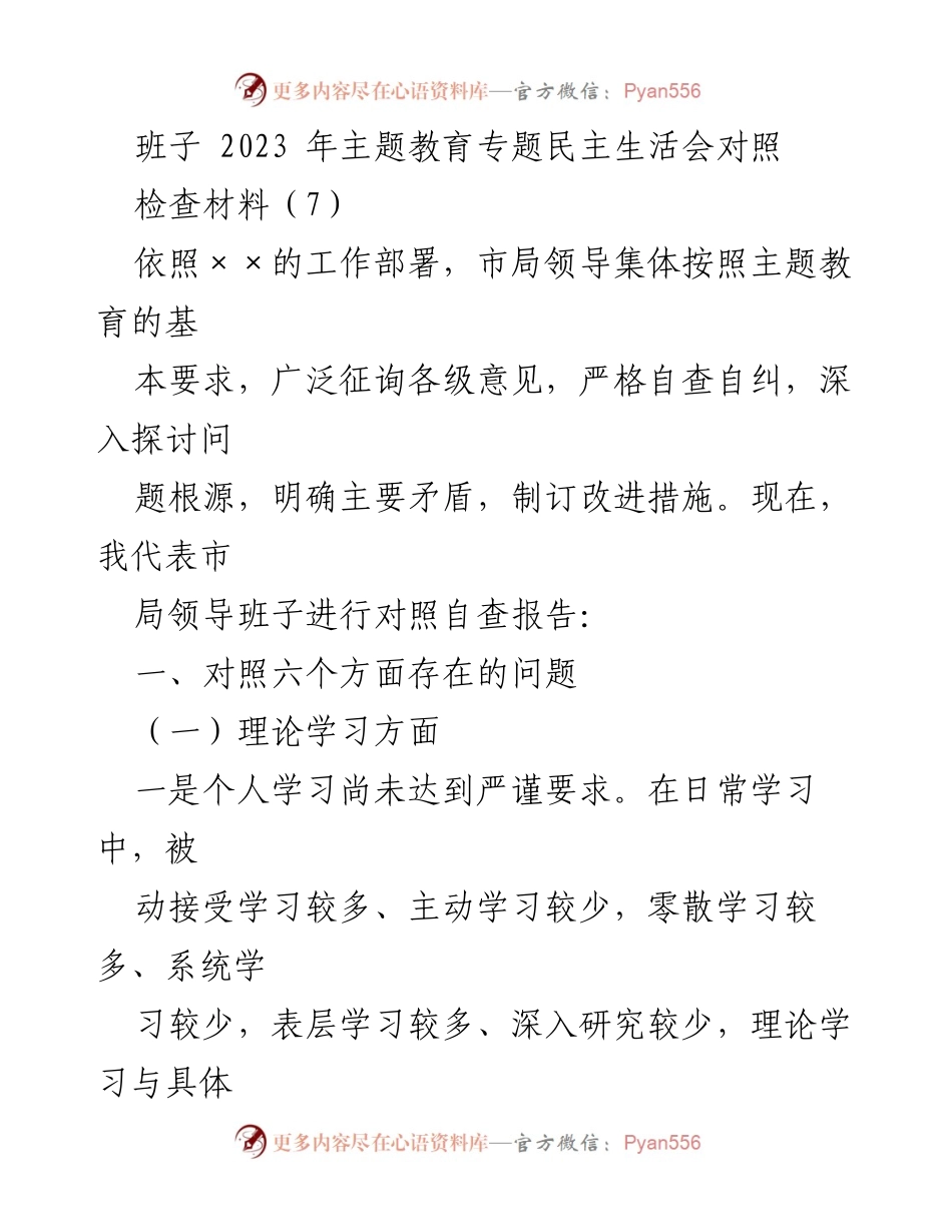 [对照自查报告] 主题教育专题民主生活会 - 市局领导班子2023年主题教育自查报告.docx_第1页
