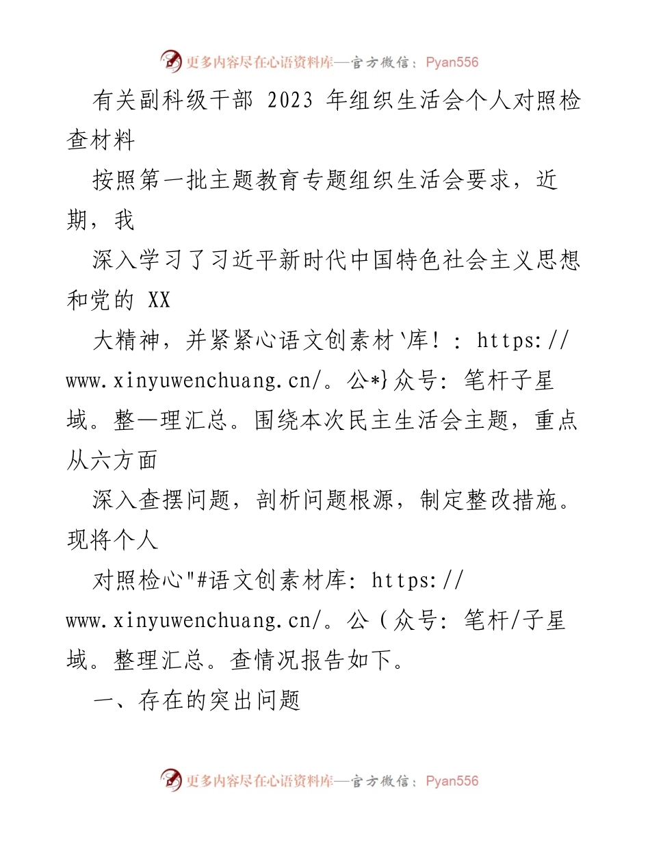[对照检查材料] 组织生活会 - 剖析副科级干部存在问题的个人对照检查报告.docx_第1页