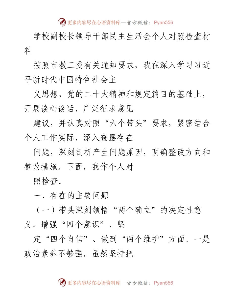 [对照检查材料] 学校副校长民主生活会 - 剖析个人问题与整改措施.docx_第1页
