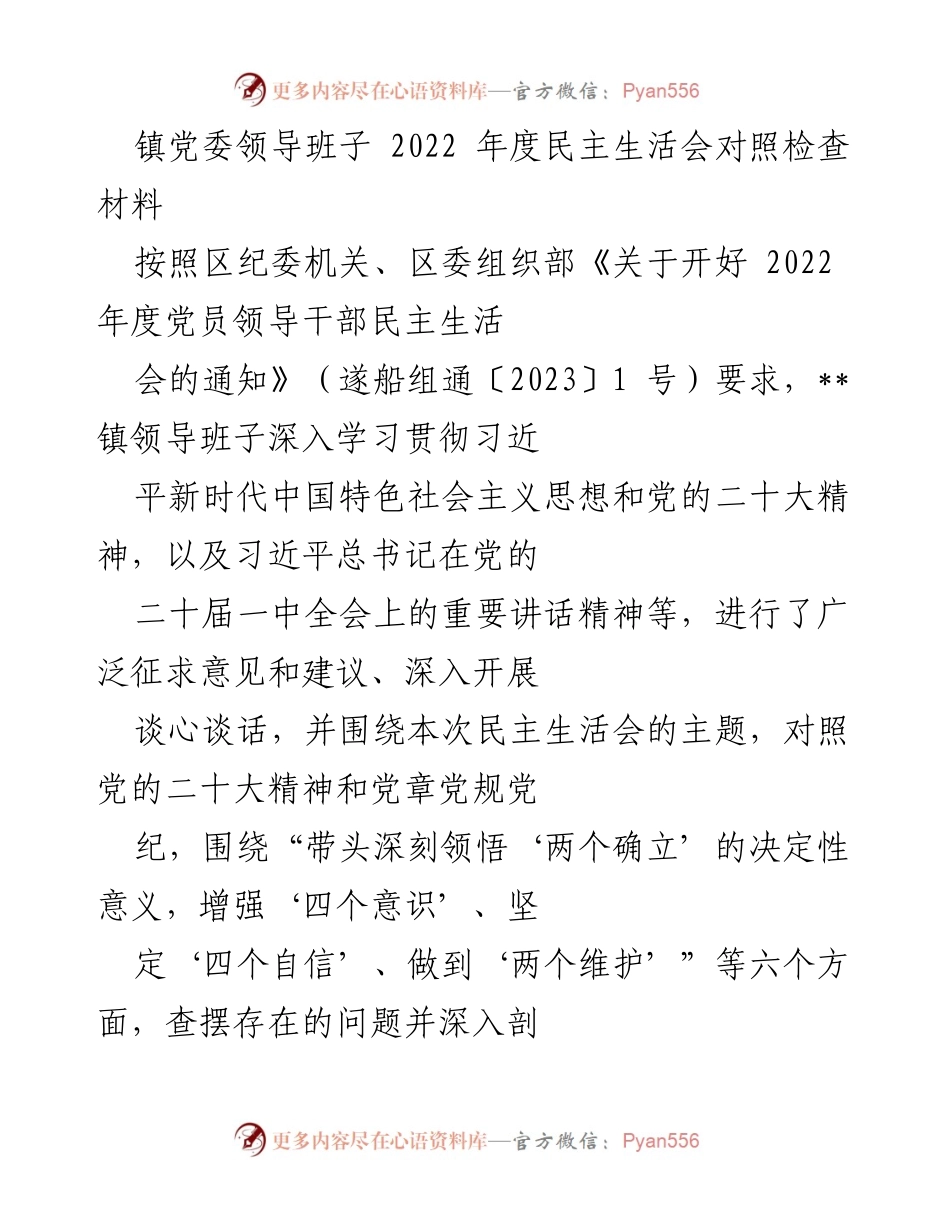[对照检查材料] 镇党委年度民主生活会 - __镇党委领导班子2022年度民主生活会对照检查报告__.docx_第1页