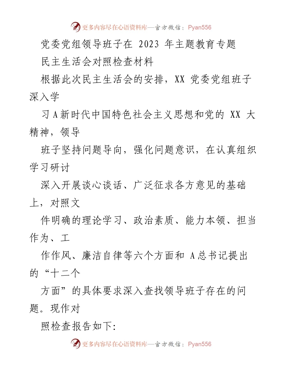 [对照检查报告] 党委民主生活会 - 2023年主题教育专题民主生活会对照检查材料.docx_第1页