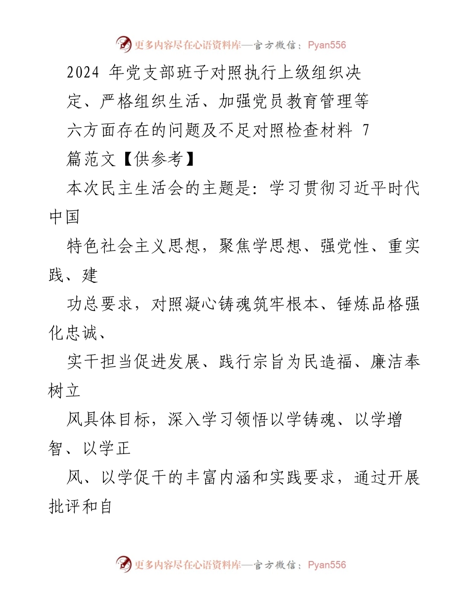 [对照检查材料] 党支部民主生活会 - 2024年党支部班子对照检查：存在问题与整改措施分析.docx_第1页